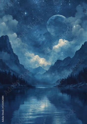 mountain lake full moon princess oil white stars background album eerie vibes deep blues twilight zone sky milky way