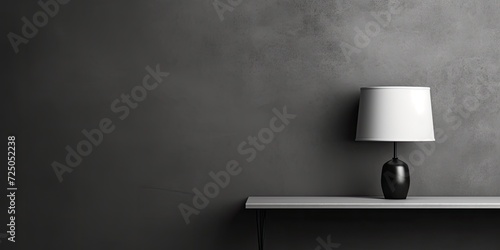 Real photo of a lamp on a black table in a grey and white empty room with space for text.