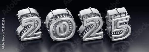 The New Technological Year of 2025. Designed in modern steampunk style a row of 3D digits, which are composed into the number 2025 on reflective surface. 3D rendering graphics in isometric projection.