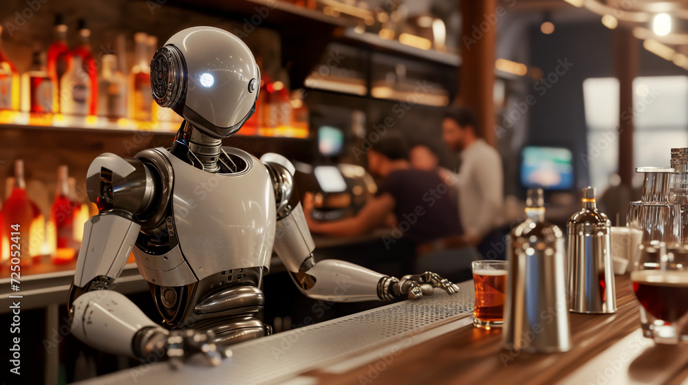 AI robot bartender stands behind bar with shelves of liquor and glasses, serving drink, in warmly lit setting. AI robot bartender stands behind bar with shelves of liquor and glasses, serving drink, in warmly lit setting.