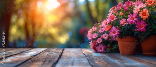 flowers pots table beams sunlight gaussian blur imagining blissful fate wooden platforms pink daisies vivid wood tray day tables © Cary
