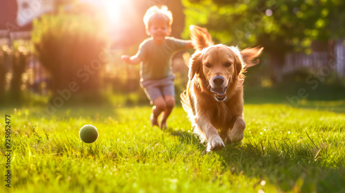 golden retriever is playing on the lawn with a boy, on the green grass, running after a ball, the bright sun is shining