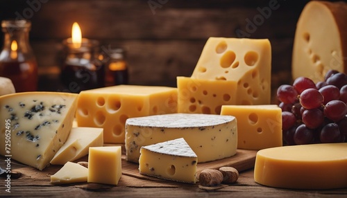 various types of cheese on wooden background 