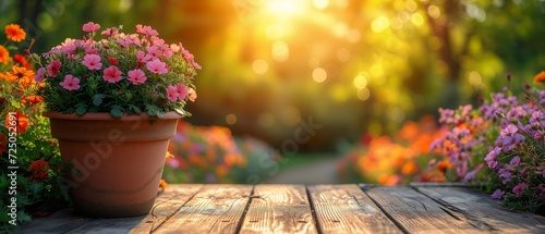 potted plant wooden table middle garden bright daylight sun foreground focus colored flowers stray wood planks profile anomalous object upbeat photo