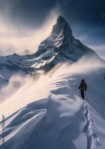 skiers walking snowy mountain background man covered snow zoomed out standing cloud cold breath right pathway upwards