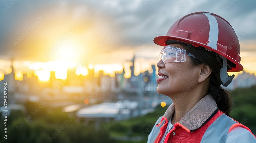 Confident female construction worker smiling with labor day copy space, symbolizing empowerment Confident female construction worker smiling with labor day copy space, symbolizing empowerment