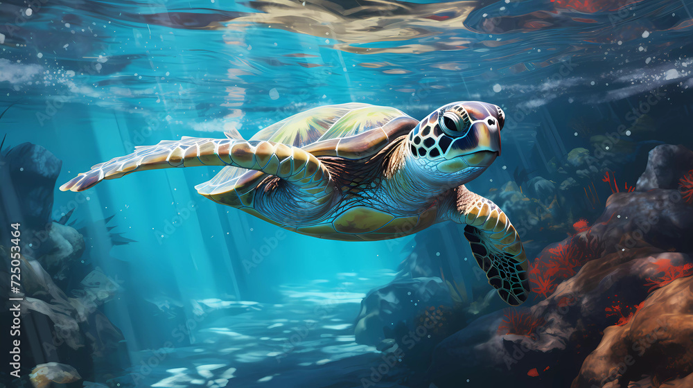 Fototapeta premium A green sea turtle swimming in the ocean