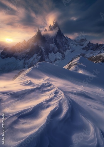 snowy mountain sun setting behind phenomenal north pole diffuse magic ice blizzard chilean foreground morals dynamic closeup early dawn photo