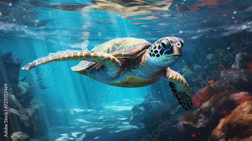 A green sea turtle swimming in the ocean © junaid