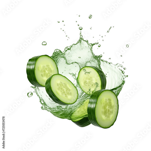 realistic fresh ripe cucumber with slices falling inside swirl fluid gestures of milk or yoghurt juice splash png isolated on a white background with clipping path. selective focus photo