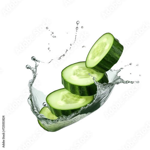 realistic fresh ripe cucumber with slices falling inside swirl fluid gestures of milk or yoghurt juice splash png isolated on a white background with clipping path. selective focus photo