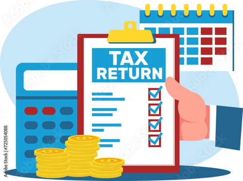 Concept of filing tax return, hand holds out completed tax form. Stock vector illustration