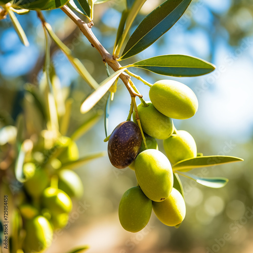 close-up of a fresh ripe hojiblanca olives hang on branch tree. autumn farm harvest and urban gardening concept with natural green foliage garden at the background. selective focus photo