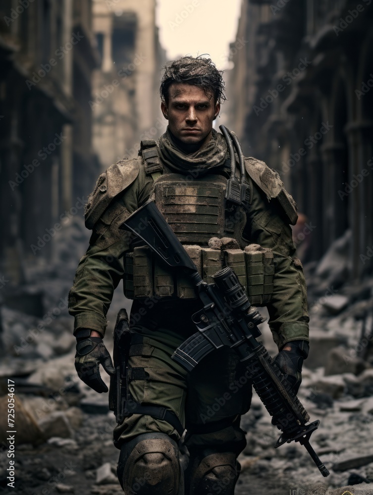 Portrait of a young soldier with assault rifle in an abandoned building Portrait of a young soldier with assault rifle in an abandoned building