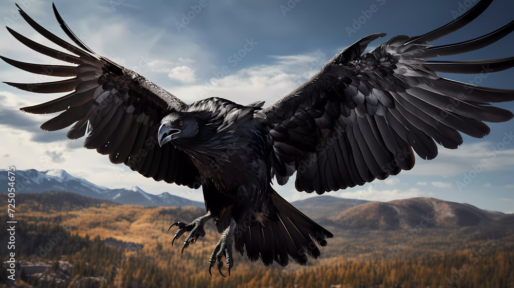 Fototapeta premium A large black bird flying through the air