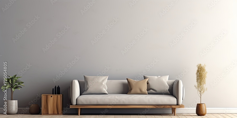 Minimal living room interior with a wooden table, carpet, grey sofa, and door captured in a real photo. Minimal living room interior with a wooden table, carpet, grey sofa, and door captured in a real photo.