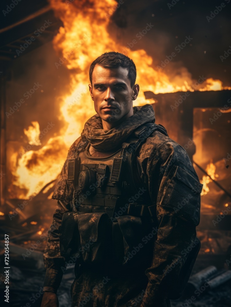 A man in a military uniform standing in front of a burning house.