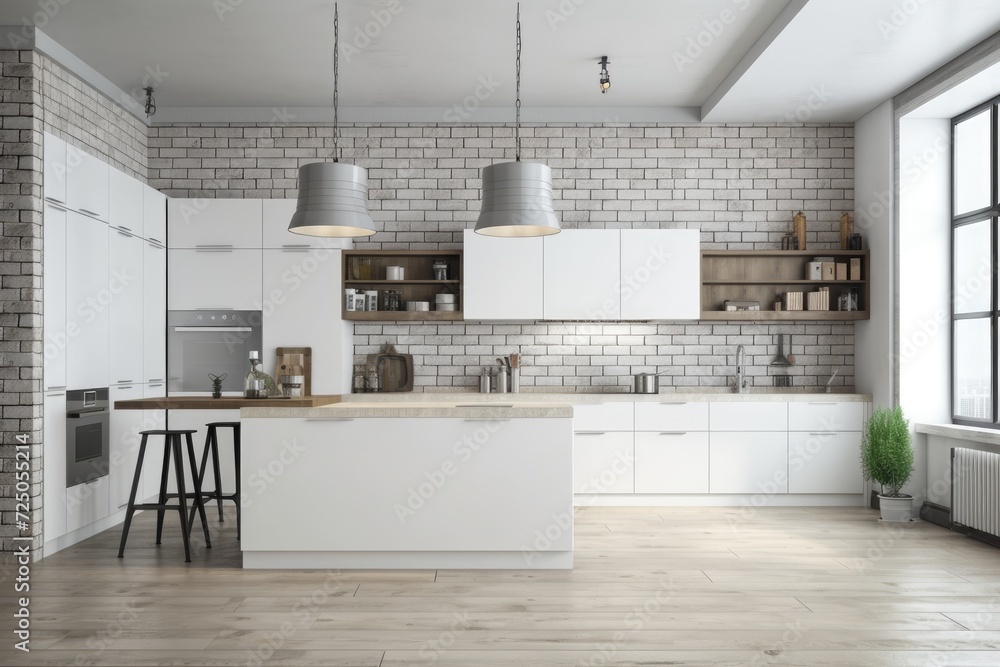 Interior of a contemporary kitchen with white brick walls, white ...