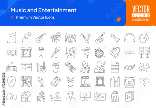 Set of music icons. music and entertainment web icons in thinline style. music note, mic, guitar, piano, drum, trumpet icon collection. Line icons pack. vector illustration ai eps file