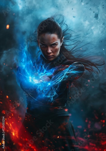 closeup woman holding blue fireball kylo highly fighting stance energy banner three guilders magician screen portrait female ranger bifrost © Cary