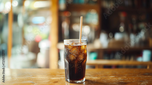 Un cola frais servi en verre avec une paille dans un bar