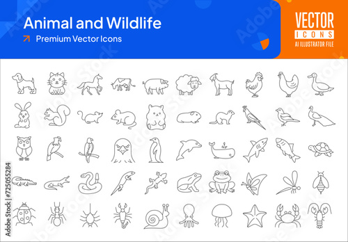 Set of wildlife icons. animals and wildlife web icons in thinline style. dog, cat, chicken, rabbit, parrot icon collection. Line icons pack. vector illustration ai eps file
