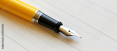 Yellow lined notepad with a fountain pen on a white background.
