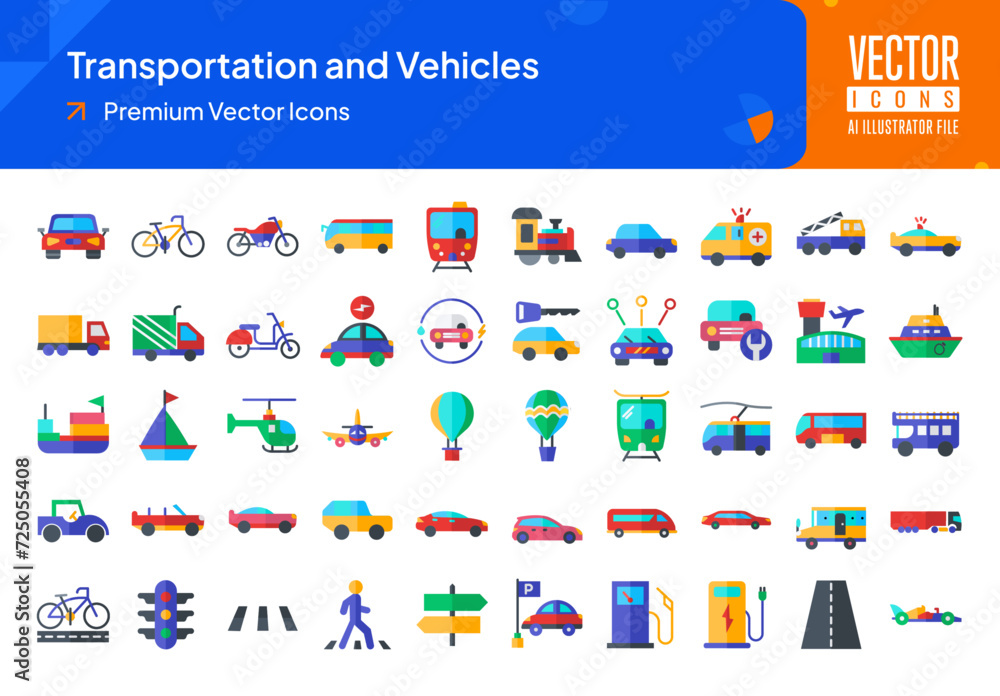 Set of transportation icons. transportation and vehicles web icons in flat style. car, taxi, subway, bicycle, motorcycle icon collection. Flat icons pack. vector illustration ai eps file