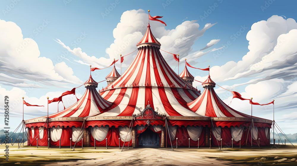 a large red and white striped circus tent - obrazy, fototapety, plakaty 