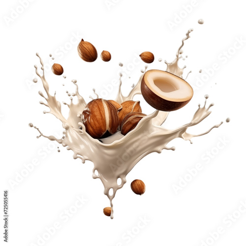 realistic fresh ripe hazelnut with slices falling inside swirl fluid gestures of milk or yoghurt juice splash png isolated on a white background with clipping path. selective focus photo