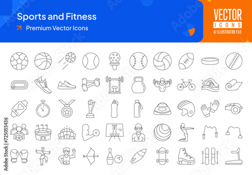 Set of sports icons. sports and fitness web icons in thinline style. football, basketball, tennis, soccer, rugby, hockey icon collection. Line icons pack. vector illustration ai eps file