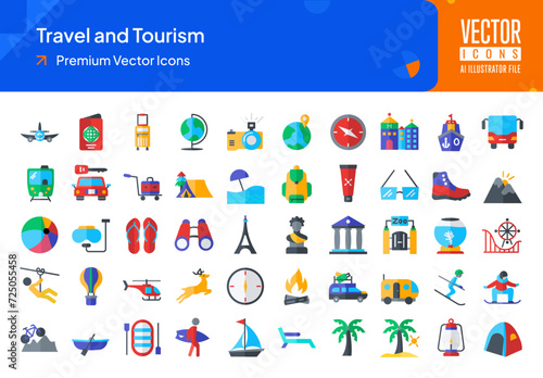 Set of travel icons. travel and tourism web icons in flat style. airplane, passport, suitcase, camera, map, compass icon collection. Flat icons pack. vector illustration ai eps file