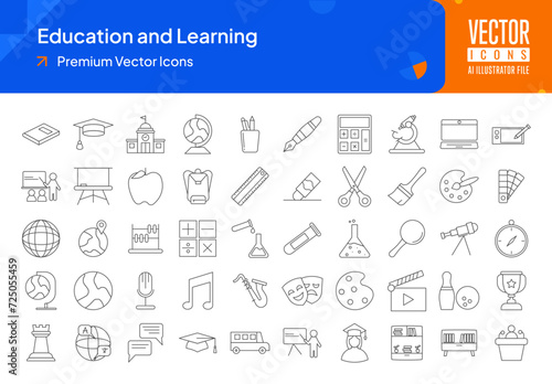 Set of education icons. education and learning web icons in thinline style. book, school, pencil, globe, ruler, eraser icon collection. Line icons pack. vector illustration ai eps file