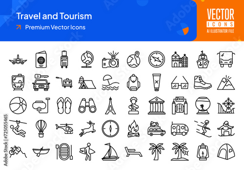 Set of travel icons. travel and tourism web icons in line style. airplane, passport, suitcase, camera, map, compass icon collection. Line icons pack. vector illustration ai eps file photo