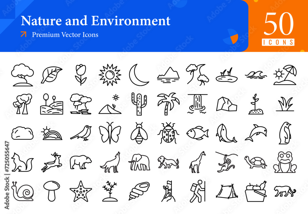 Set of nature icons. nature and environment web icons in line style. tree, leaf, sun, moon, mountain, river icon collection. line  icons pack. vector illustration ai eps file
