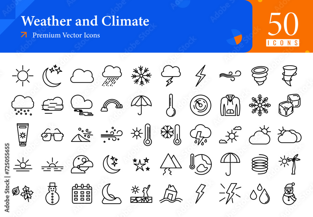 Obraz premium Set of weather icons. weather and climate web icons in line style. thunderstorm, wind, tornado, fog, mist icon collection. line icons pack. vector illustration ai eps file