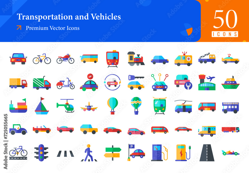 Obraz premium Set of transportation icons. transportation and vehicles web icons in flat style. car, taxi, subway, bicycle, motorcycle logistics icons. flat icons pack. vector illustration ai eps file
