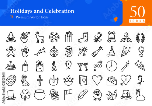 Set of holidays icons. holidays and celebration web icons in line style. tree, santa, stoking, gift, gingerbread, party hat icon collection. line  icons pack. vector illustration ai eps file