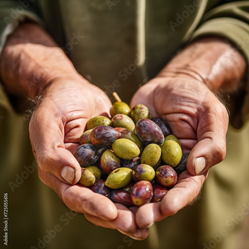 woman holds a rotten, spoiled crop, overripe hojiblanca olives with dirty peel. protecting hojiblanca olives fruits harvests from mold, fungus, decay and desease parasite waste decomposition concept photo