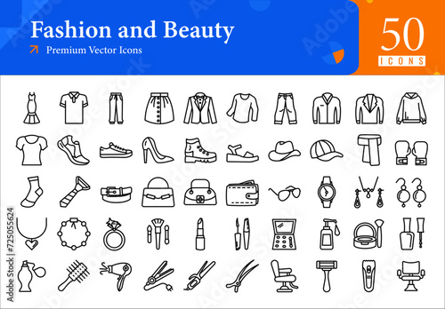 Set of fashion icons. fashion and beauty web icons in line style. dress, skirt, shirt, pants, jeans, shoes, blouse icon collection. line  icons pack. vector illustration ai eps file