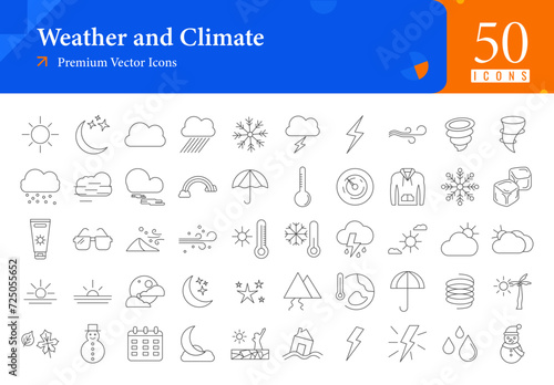 Set of weather icons. weather and climate web icons in thinline style. thunderstorm, wind, tornado, fog, mist icon collection. line icons pack. vector illustration ai eps file