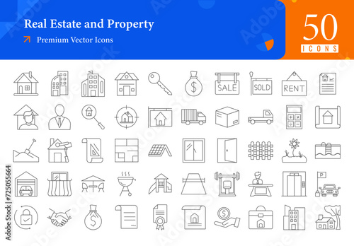 Set of real estate icons. real estate and property web icons in thinline style. house, key, mortgage, rent, lease, agreement icon collection. vector illustration ai eps file