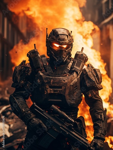 Portrait of a futuristic special forces soldier in action against the background of a burning building