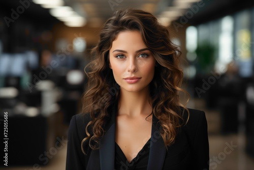 A business female confidently wearing the perfect suit  standing in a modern office  with a solid background.