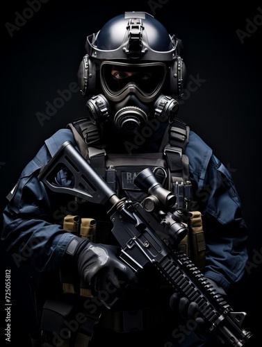 portrait of a special forces soldier with assault rifle and gas mask