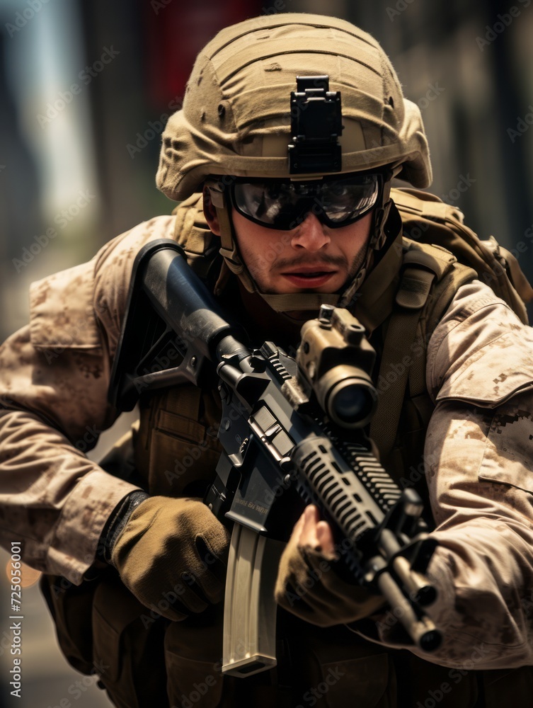 Army special forces soldier in action with assault rifle in the city Army special forces soldier in action with assault rifle in the city