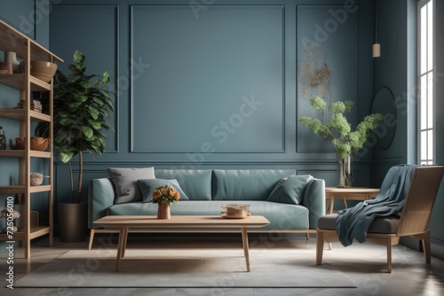 blue living room with gray sofa and ramp, flower, table, and bookshelf