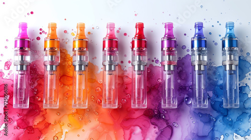 Disposable electronic cigarettes on color background, top view photo