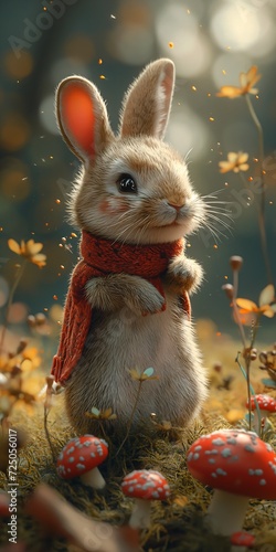 rabbit standing grass scarf cute wearing sweater fairylike heavily cutie