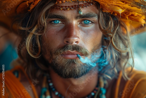 A rastaman hippie looking man with a beard and long hair smokes a cigarette. Grunge background.